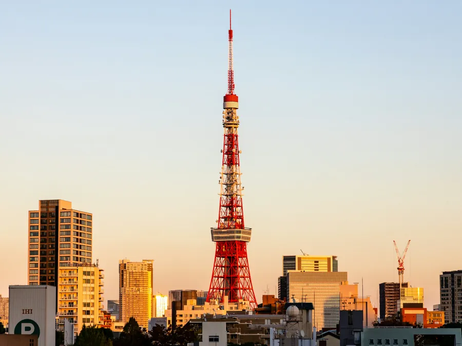 Tokyo Tower rising above the Minato skyline at golden hour