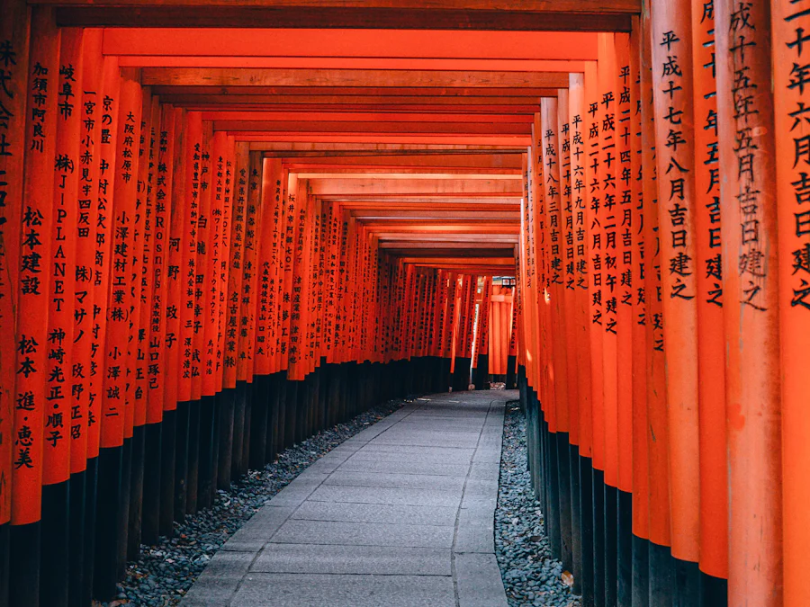 Vermilion torii gates lining a path at Fushimi Inari shrine