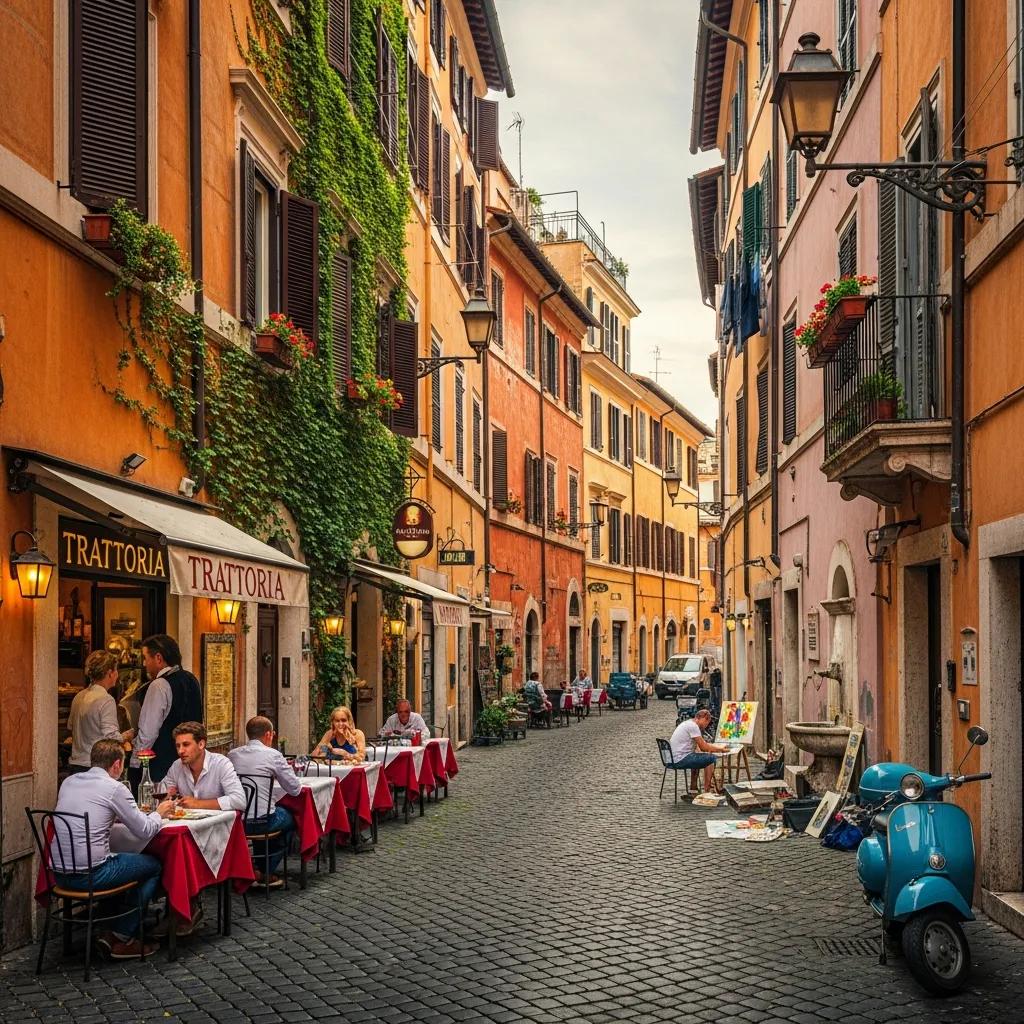Charming street scene in a Roman neighborhood with colorful buildings and outdoor dining