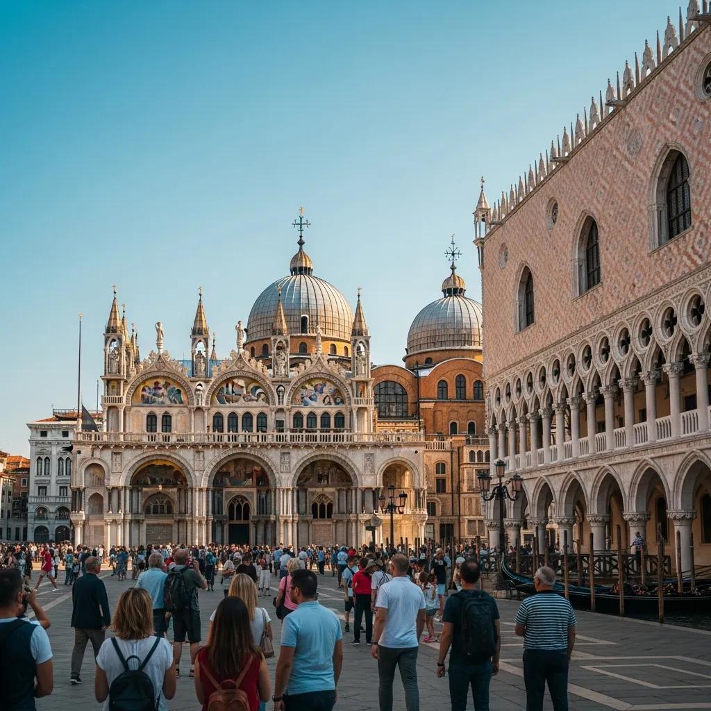 Tourists visiting St. Mark's Basilica and Doge's Palace in Venice