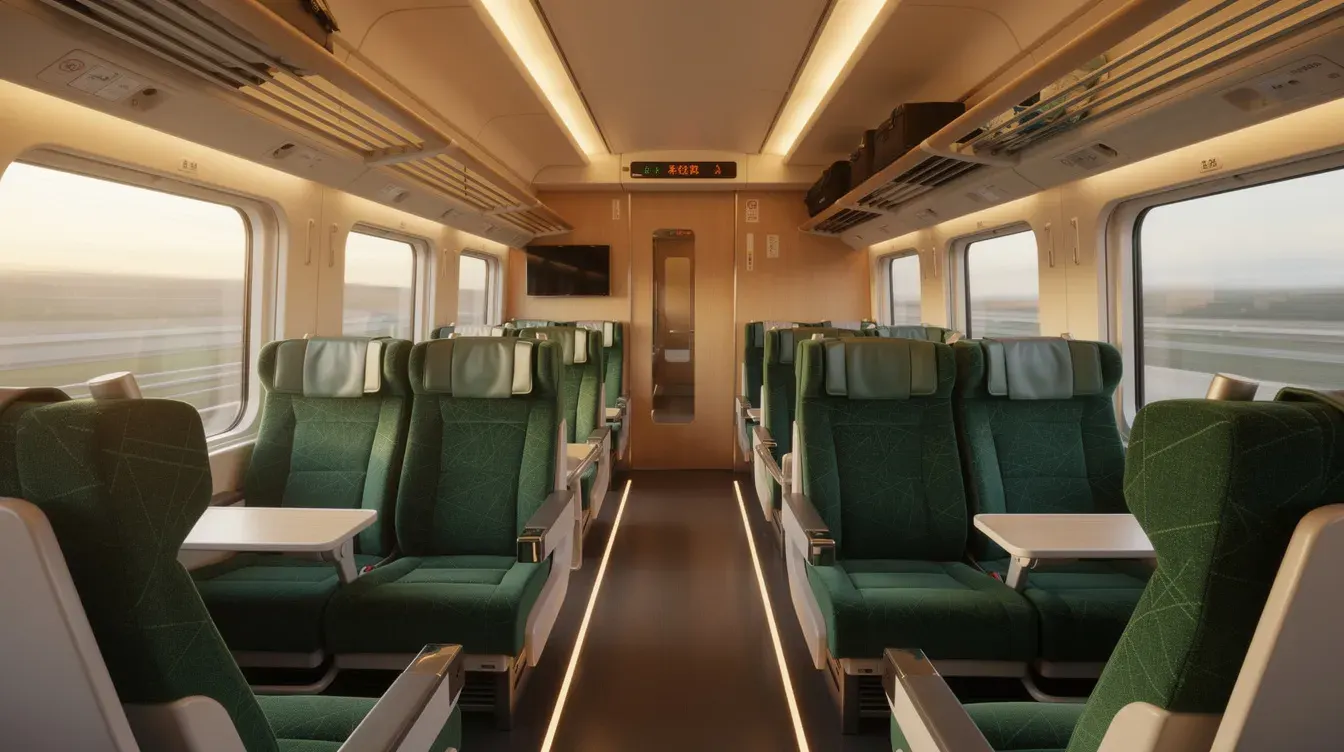 Green Car seats in a 2+2 layout on a Shinkansen, with fold-down tables and overhead luggage racks