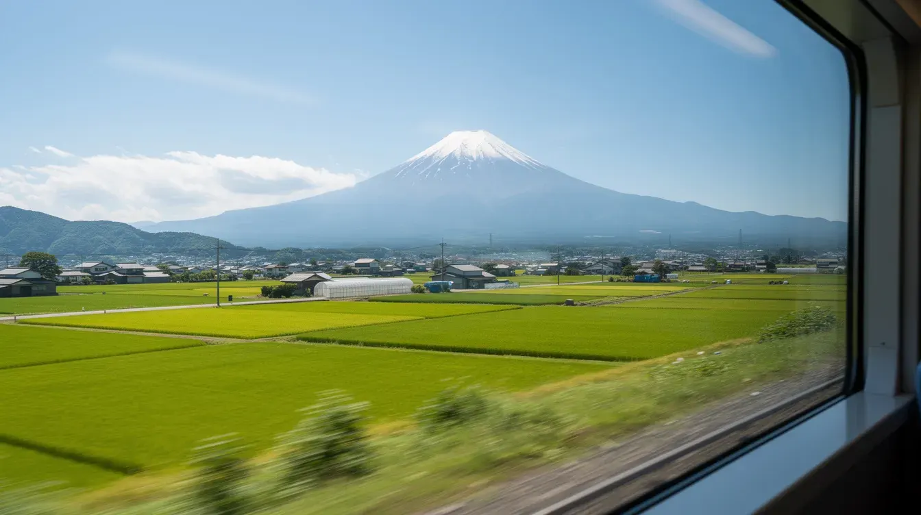Snow-capped Mount Fuji seen from a Shinkansen window, with green rice fields rushing past in the foreground